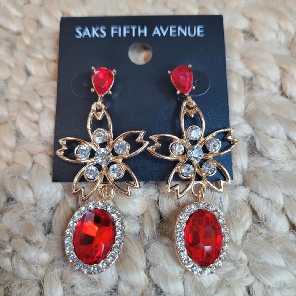 Saks Fifth Avenue Red & Gold With Rhinestones Dangle Drop Flower Earrings